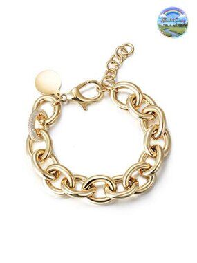 14K Gold Plated Link Chain Bracelet with CZ Accent, Adjustable 7-9 inch, Dainty